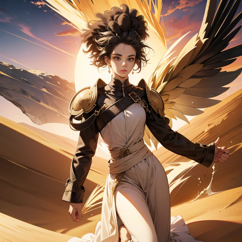 masterpiece, high quality, best quality, 3D high - definition, actual, Perfect lighting, detailed body, Afro hairstyle, 1 person, In a state of war, Desert Background