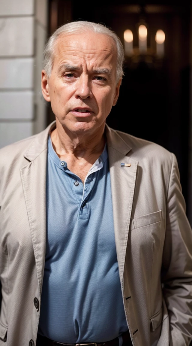 120 yo, old man, very old man, wrinkles every where on his face, tongue sticking out, crying, 100 year old man, (Joe Biden), wrinkled face thin white hair, balding, frowning, sad, squinty grey eyes, wrinkled mouth and eyes , wearing an old torn suit coat, dirty tee shirt