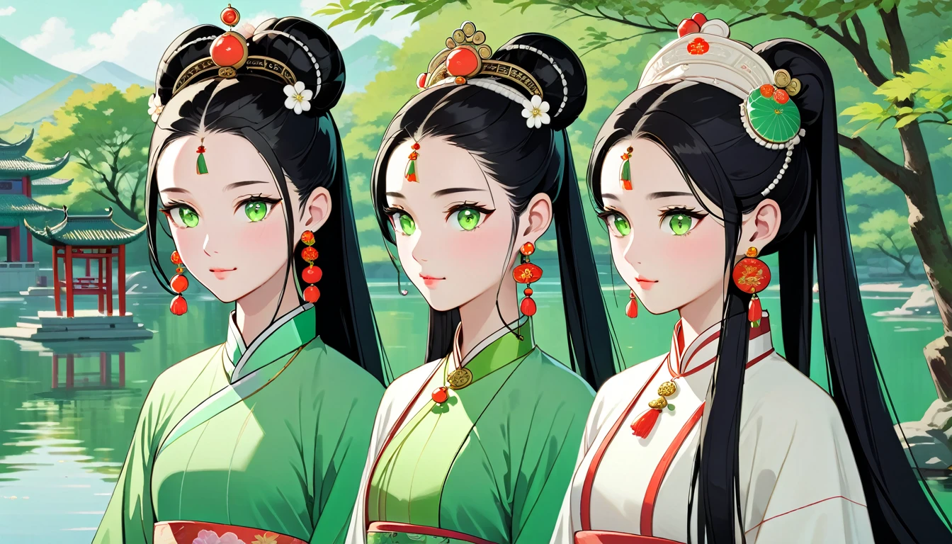 Two women,A young ancient Chinese woman named Amy,Melon seed face,Fair complexion,eye color: black,Eyebrow: arch,Hair color: black,hairstyle: Straight Hair(High bun),headgear: White crown,earring: white earrings,Wearing white traditional Chinese clothing,decorate:white necklace.white bracelet。 A young Chinese woman named Eva,Oval face,Fair complexion,green eyes,wavy black long hair,earring: green earrings,Wearing green traditional Chinese clothing,decorate:green necklace.green bracelet。Amy and Eva walk by the lake together。