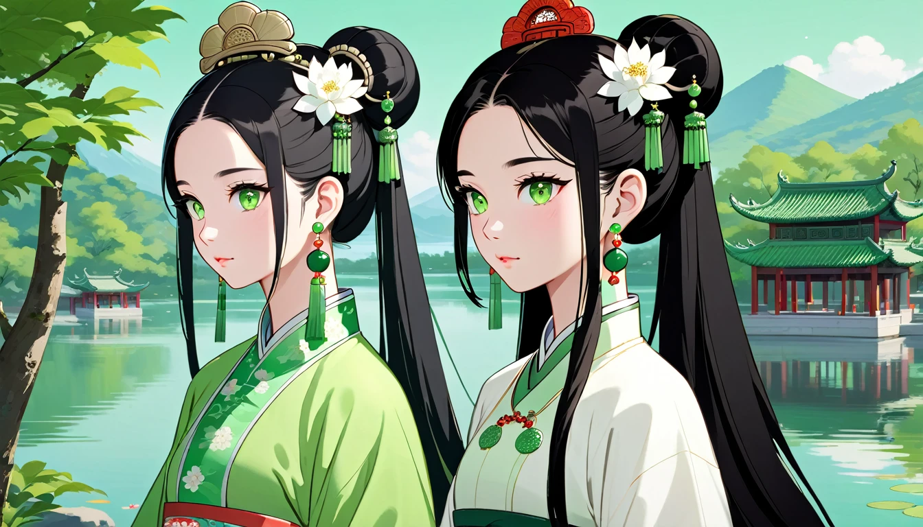 Two women,A young ancient Chinese woman named Amy,Melon seed face,Fair complexion，eye color: black，Eyebrow: arch，Hair color: black，hairstyle: Straight Hair（High bun），headgear: White crown，earring: white earrings，Wearing white traditional Chinese clothing,decorate:white necklace.white bracelet。 A young Chinese woman named Eva,Oval face,Fair complexion，green eyes,wavy black long hair，earring: green earrings，Wearing green traditional Chinese clothing,decorate:green necklace.green bracelet。Amy and Eva walk by the lake together。