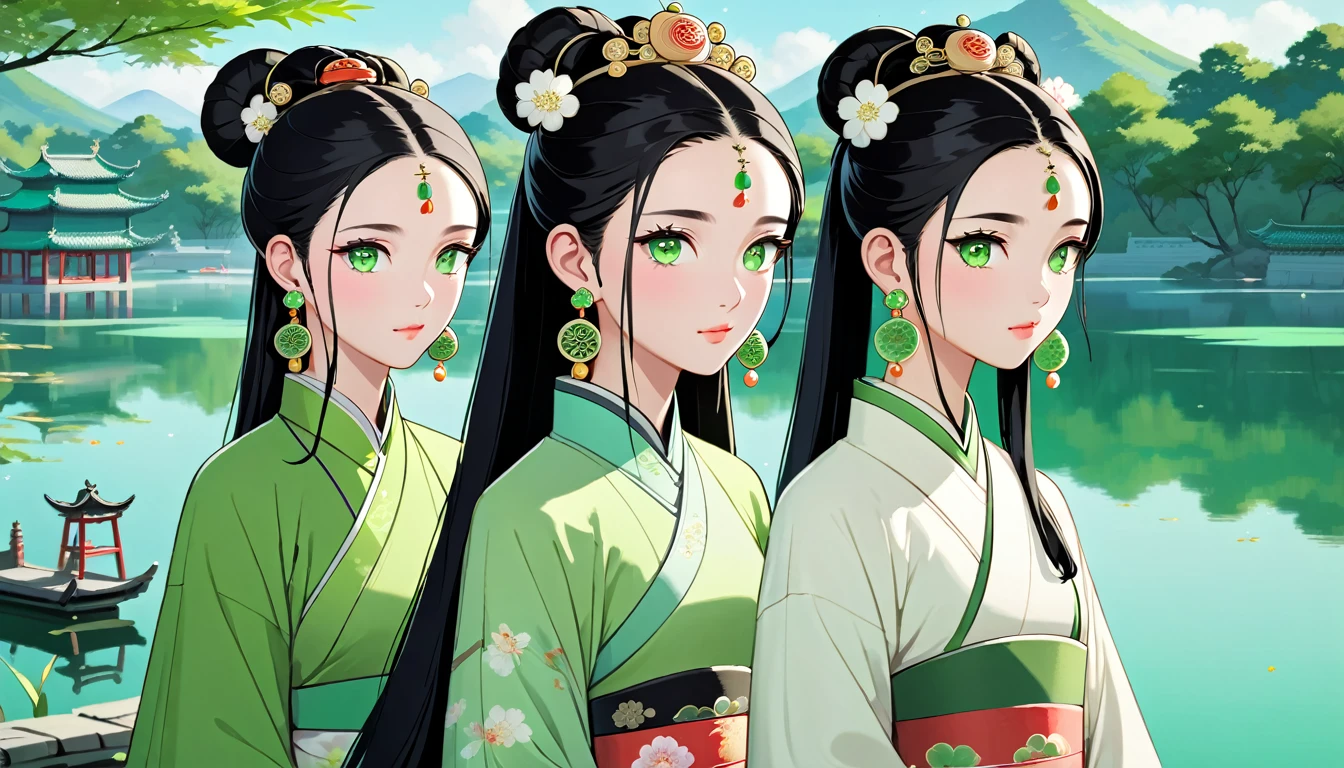 Two women,A young ancient Chinese woman named Amy,Melon seed face,Fair complexion，eye color: black，Eyebrow: arch，Hair color: black，hairstyle: Straight Hair（High bun），headgear: White crown，earring: white earrings，Wearing white traditional Chinese clothing,decorate:white necklace.white bracelet。 A young Chinese woman named Eva,Oval face,Fair complexion，green eyes,wavy black long hair，earring: green earrings，Wearing green traditional Chinese clothing,decorate:green necklace.green bracelet。Amy and Eva walk by the lake together。