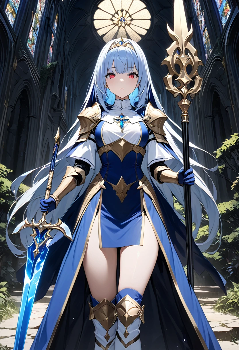 Highest quality、unity 8k wallpaper、32k、masterpiece、Very detailed、Ultra-high resolution、Very detailedな顔, RAW Photos, Professional, Ultra-fine painting, (((The Fallen Saint)))、(((corrupt_girl)))、Midnight blue long straight hair、Platinum tiara with blue gemstones、Blue Nun Cape、Red Eyes、(Tree Eyes), Cool and sharp features, hime cut, 20～A female magical warrior, about 24 years old.、White and gold breastplate、Blue and white leotard、(((Blue and white gold-embellished long pencil skirt with side armor and long slits)))、Half puff sleeves with shoulder pads、A large white ribbon with a large sapphire on the chest、White and blue long gloves、(((White and blue thigh-high stiletto boots:1.0)))、whole body、He has a spear with a glowing blue blade, 