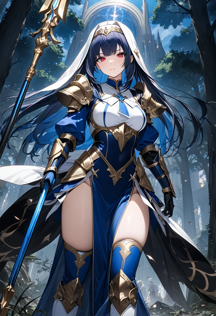 Highest quality、unity 8k wallpaper、32k、masterpiece、Very detailed、Ultra-high resolution、Very detailedな顔, RAW Photos, Professional, Ultra-fine painting, (((The Fallen Saint)))、(((corrupt_girl)))、Midnight blue long straight hair、Platinum tiara with blue gemstones、Blue Nun Cape、Red Eyes、(Tree Eyes), Cool and sharp features, hime cut, 20～A female magical warrior, about 24 years old.、White and gold breastplate、Blue and white leotard、(((Blue and white gold-embellished long pencil skirt with side armor and long slits)))、Half puff sleeves with shoulder pads、A large white ribbon with a large sapphire on the chest、White and blue long gloves、(((White and blue thigh-high stiletto boots:1.0)))、whole body、He has a spear with a glowing blue blade, 