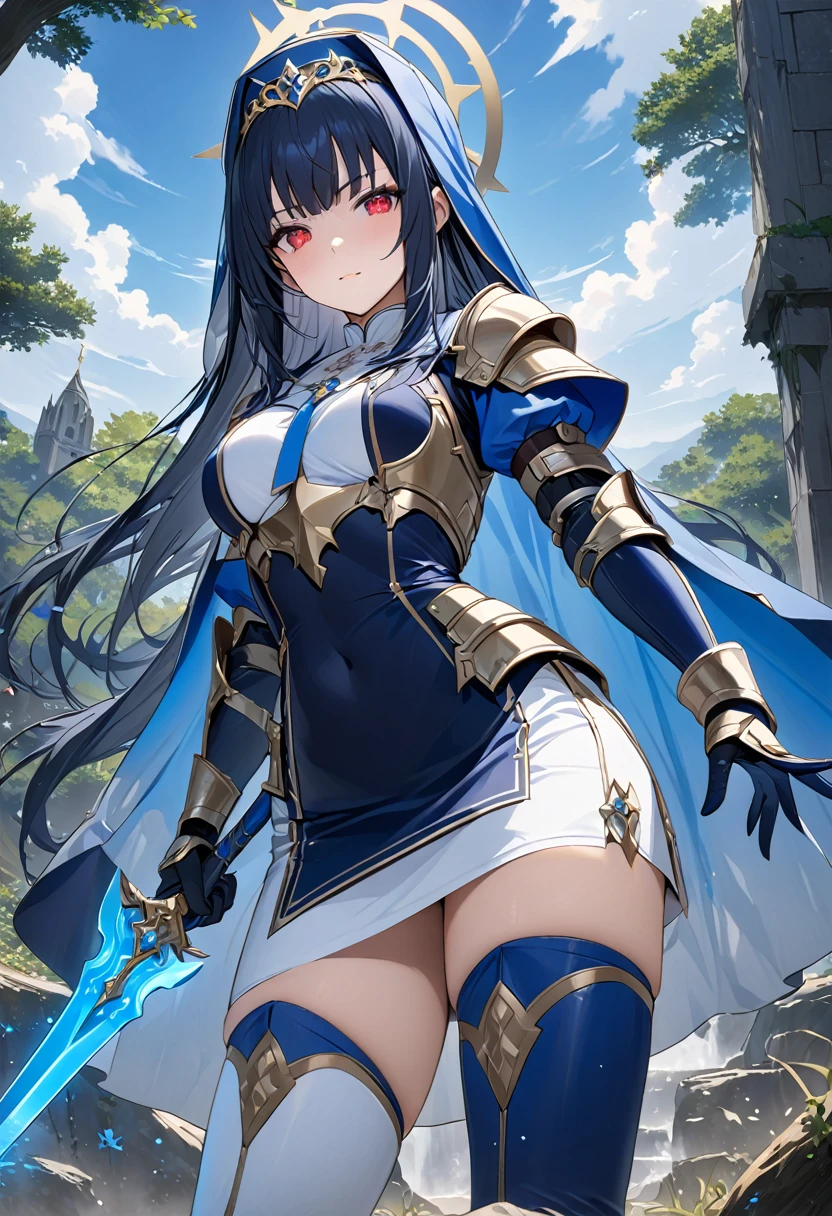 Highest quality、unity 8k wallpaper、32k、masterpiece、Very detailed、Ultra-high resolution、Very detailedな顔, RAW Photos, Professional, Ultra-fine painting, (((The Fallen Saint)))、(((corrupt_girl)))、Midnight blue long straight hair、Platinum tiara with blue gemstones、Blue Nun Cape、Red Eyes、(Tree Eyes), Cool and sharp features, hime cut, 20～A female magical warrior, about 24 years old.、White and gold breastplate、Blue and white leotard、(((Blue and white gold-embellished long pencil skirt with side armor and long slits)))、Half puff sleeves with shoulder pads、A large white ribbon with a large sapphire on the chest、White and blue long gloves、(((White and blue thigh-high stiletto boots:1.0)))、whole body、He has a spear with a glowing blue blade, 