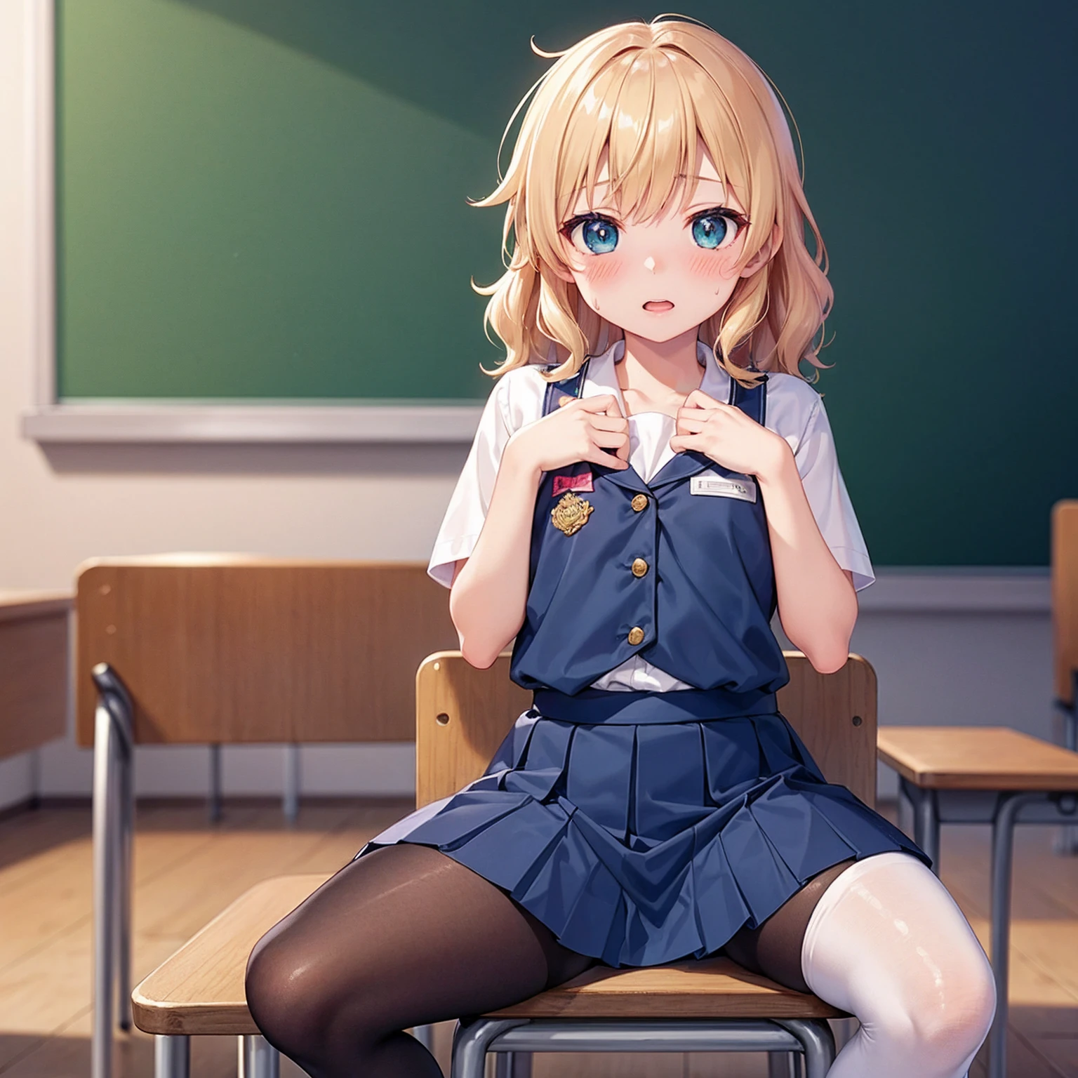 Highest quality,Highest quality,One Girl,One boy,((((10 years old)))),Flat Chest,orgasm,blush, Sweat, Sakurai Momoka,blonde,White Sarah Outfit,Navy Blue Skirt, It is not a pleated skirt,whole body,classroom, pantyhose、Navy Blue Skirtをめくる、Spread your legs