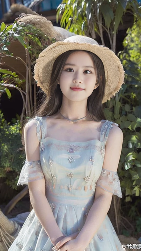 ((best quality, 8K, masterpiece: 1.3)), (straw hat: 1.3), focus: 1.2, perfect body beautiful: 1.4, buttocks: 1.2, (layered hairstyle: 1.2), (dark street: 1.3), Highly detailed facial and skin textures, whole body, narrow eyes, double eyelids, skin whitens, long hair, (round face: 1.5), (Chestless dress: 1.6). Smile by the sea
stands in the midst of a serene summer garden. The sun casts a bright and minimalist light on her figure, The blue sky is visible through the intricately woven green branches and leaves,