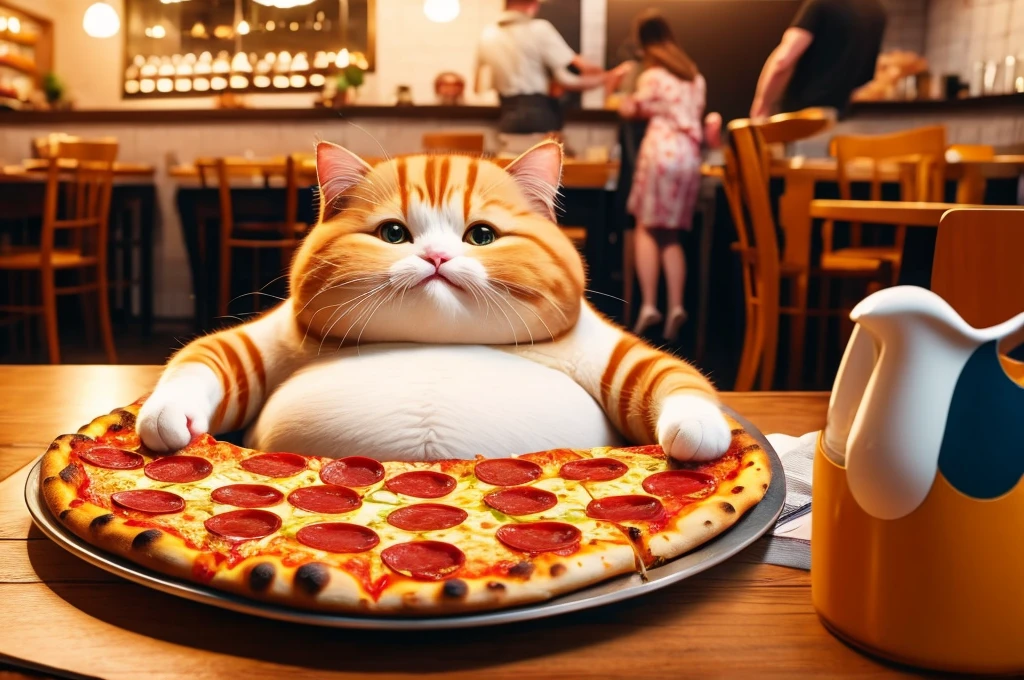 Fat cat eating pizza 