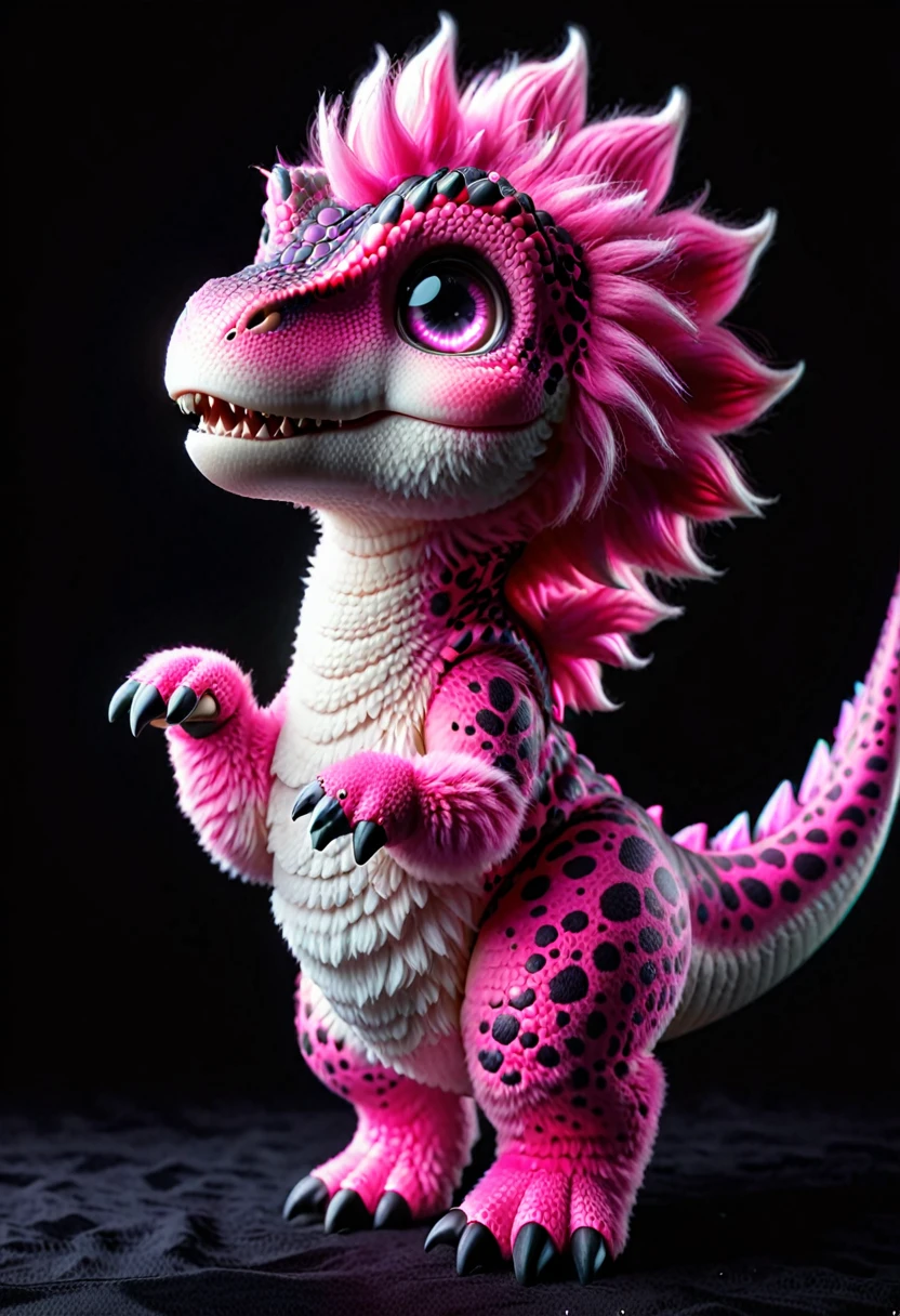 Highest quality、masterpiece、darkness、Black Background、Surreal Posters、Pink furry dinosaur、Very realistic T.Rex、Pink glowing hair、Bright eyes、Light pink dinosaur、Object of fear、Leaning forward