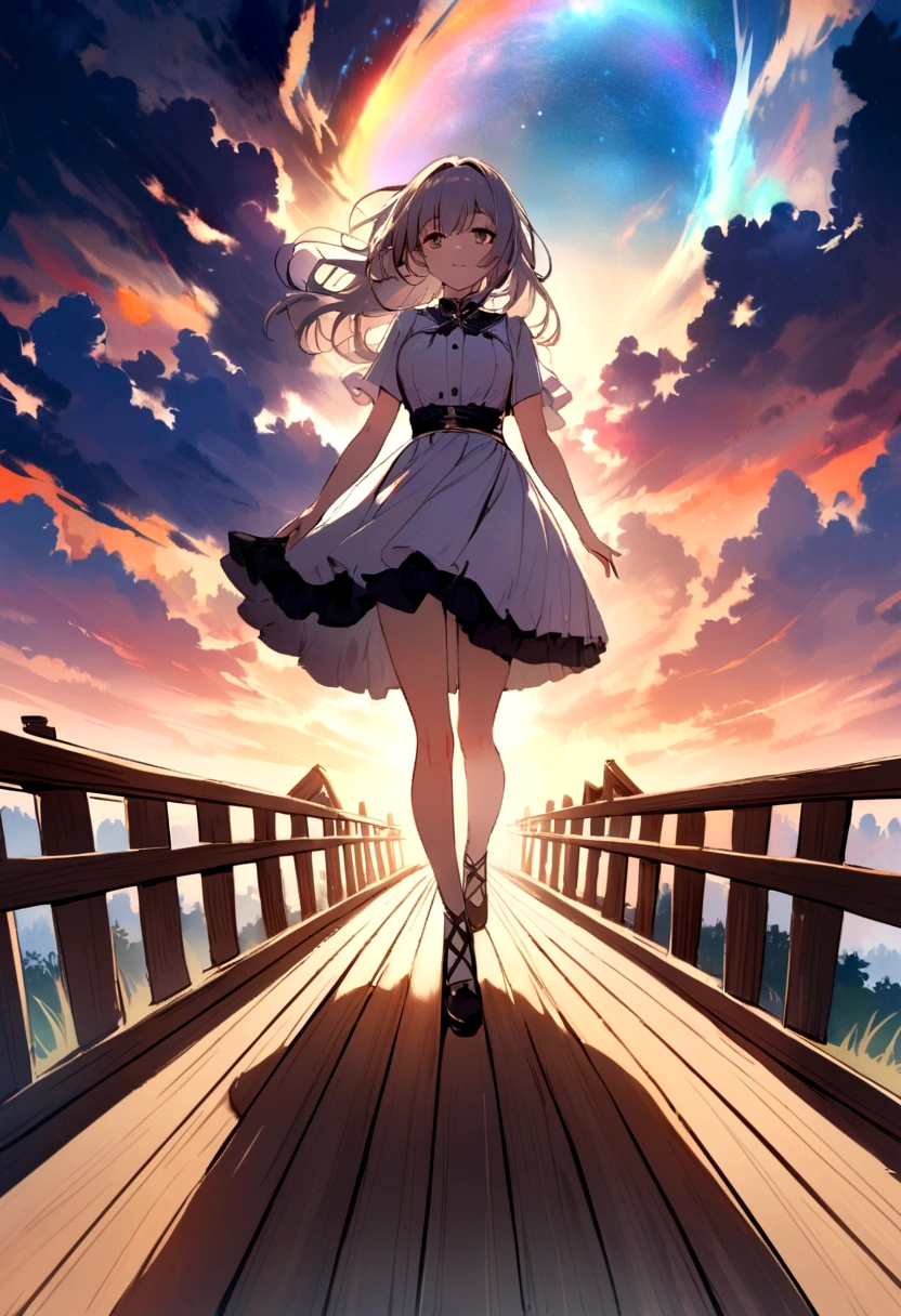 The young girl walked gracefully on the wooden bridge with a beautiful image.