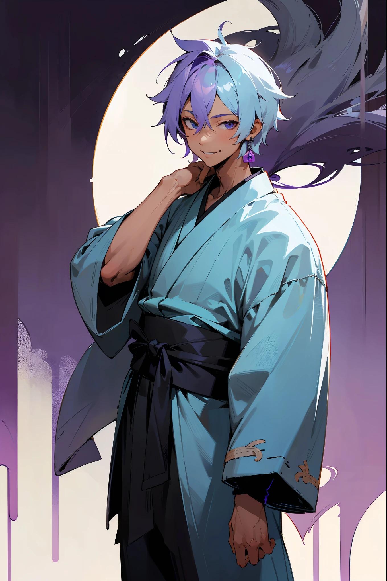 1male, tan skin, ager, blind eyes, light blue hair, dark purple hair, half blue half purple hair,, smiling expression, open black and white ukata, old japanese background, , detailed background, detailed face, standing on path, hand to side