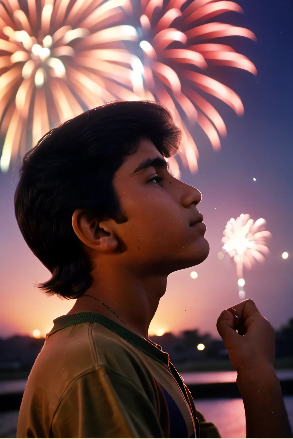 Afghanistan, 1976. profile view of A young ((((13-year-old)) Amir)), boy, watching ((fireworks)), ((guilty expression)), ((((clothings from the 1970s)))), ((short hairstyle of the 1970s)), ((colorful))