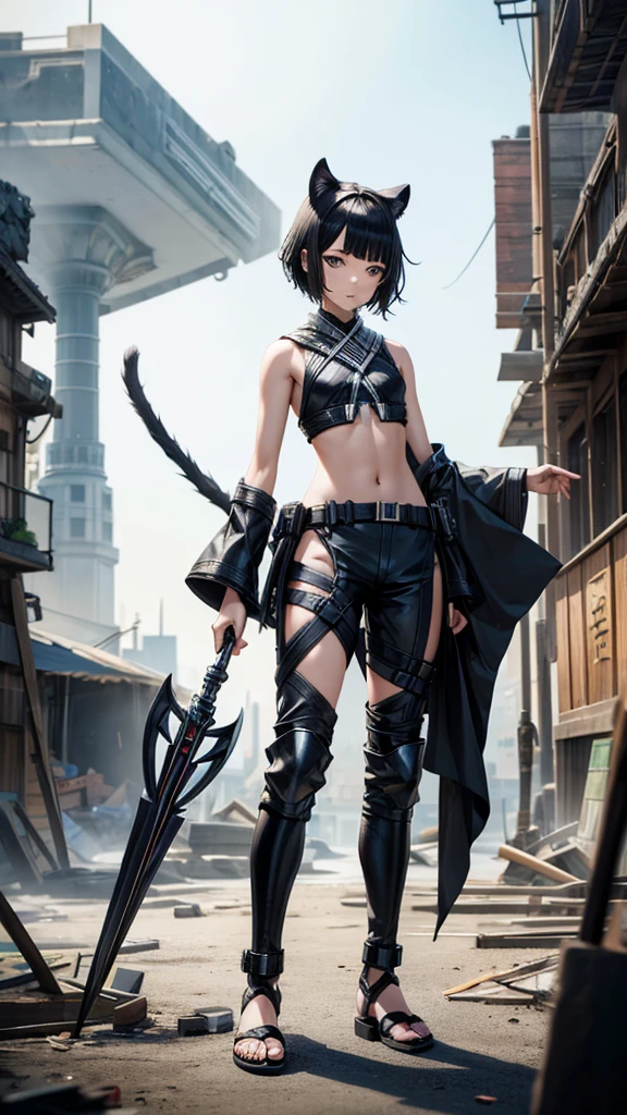 1girl, solo, (sword on back:1.331), looking afar, shoulder ring, head tilt, blunt bangs, black short hair, purple eyes, gem earrings, black helmet, impossible clothes, shoulder armor, crop top, skirt, oval face, conscientious,
simple background, monochrome background, (ridding, ridding a panther, panther:1.2),
ancient, warrior \(final fantasy\), , portrait, dramatic, complex 3d render, WOLP, (masterpiece:1,2), best quality, masterpiece, highres, original, extremely detailed wallpaper, perfect lighting,(extremely detailed CG:1.2), nature lighting,
