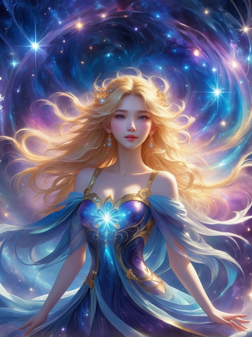 1xknh1, (Full Body Shot:1.4), The entire galaxy within the Winter Goddess is enveloped in a soft aura., Shining like crystal, Pure and beautiful、Has golden hair、