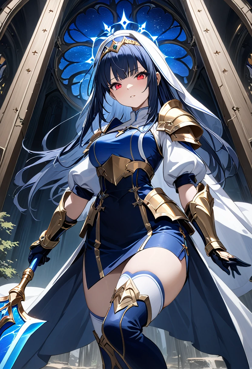 Highest quality、unity 8k wallpaper、32k、masterpiece、Very detailed、Ultra-high resolution、Very detailedな顔, RAW Photos, Professional, Ultra-fine painting, (((The Fallen Saint)))、(((corrupt_girl)))、Midnight blue long straight hair、Platinum tiara with blue gemstones、Blue Nun Cape、Red Eyes、(Tree Eyes), Cool and sharp features, hime cut, 20～A female magical warrior, about 24 years old.、White and gold breastplate、Blue and white leotard、(((Blue and white gold-embellished long pencil skirt with side armor and long slits)))、Half puff sleeves with shoulder pads、A large white ribbon with a large sapphire on the chest、White and blue long gloves、(((White and blue thigh-high stiletto boots:1.0)))、whole body、He has a spear with a glowing blue blade,