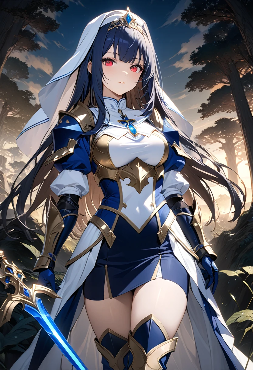 Highest quality、unity 8k wallpaper、32k、masterpiece、Very detailed、Ultra-high resolution、Very detailedな顔, RAW Photos, Professional, Ultra-fine painting, (((The Fallen Saint)))、(((corrupt_girl)))、Midnight blue long straight hair、Platinum tiara with blue gemstones、Blue Nun Cape、Red Eyes、(Tree Eyes), Cool and sharp features, hime cut, 20～A female magical warrior, about 24 years old.、White and gold breastplate、Blue and white leotard、(((Blue and white gold-embellished long pencil skirt with side armor and long slits)))、Half puff sleeves with shoulder pads、A large white ribbon with a large sapphire on the chest、White and blue long gloves、(((White and blue thigh-high stiletto boots:1.0)))、whole body、He has a spear with a glowing blue blade,