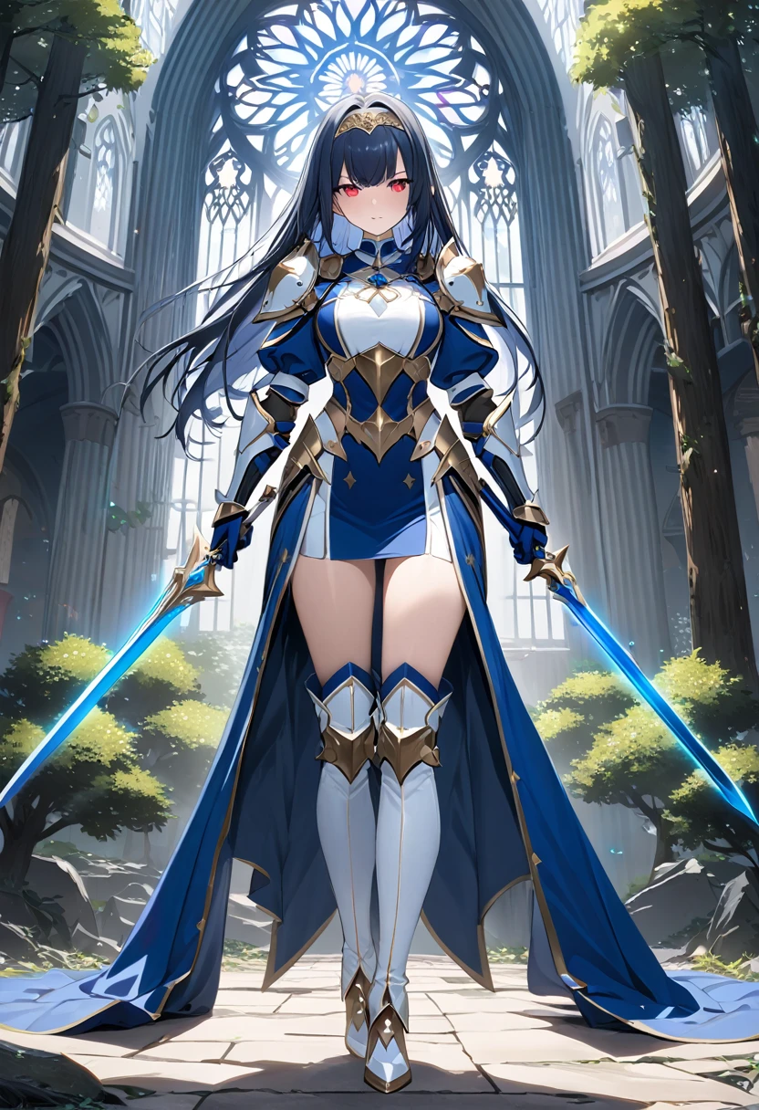 Highest quality、unity 8k wallpaper、32k、masterpiece、Very detailed、Ultra-high resolution、Very detailedな顔, RAW Photos, Professional, Ultra-fine painting, (((The Fallen Saint)))、(((corrupt_girl)))、Midnight blue long straight hair、Platinum tiara with blue gemstones、Blue Nun Cape、Red Eyes、(Tree Eyes), Cool and sharp features, hime cut, 20～A female magical warrior, about 24 years old.、White and gold breastplate、Blue and white leotard、(((Blue and white gold-embellished long pencil skirt with side armor and long slits)))、Half puff sleeves with shoulder pads、A large white ribbon with a large sapphire on the chest、White and blue long gloves、(((White and blue thigh-high stiletto boots:1.0)))、whole body、He has a spear with a glowing blue blade,