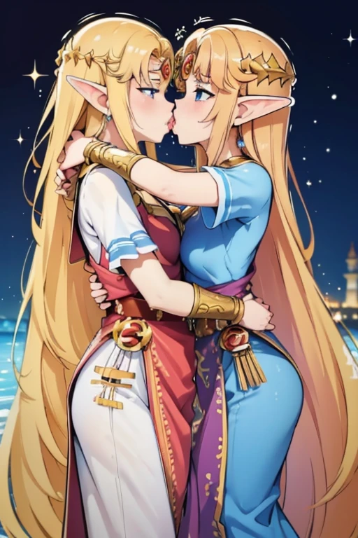 princess zelda kissing her twin, blonde very long hair, red eyes, wearing a sexy blue dress, side slit, ultrasharp, looking at the viewer, ((best quality)), ((masterpiece)), (detailed), perfect face, big breast, sexy body, sexy woman besides her, hugged, An anime scene of two girls hugging and kissing intensely, with hearts and sparkles floating around them as they stand in pool of water