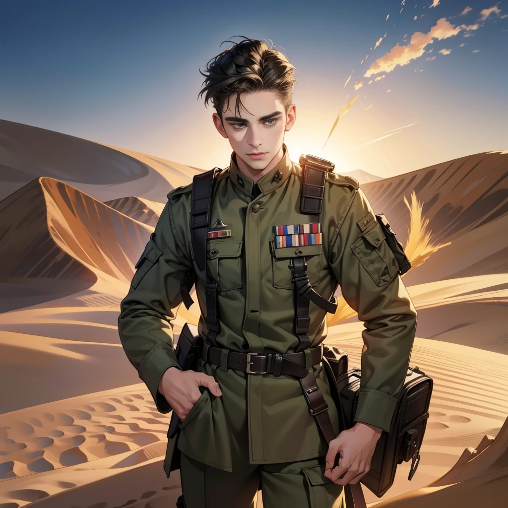 Masterpiece, high quality, best quality, 3D HD, realistic, perfect lighting, detailed body, Quiff hairstyle, 1 Man, military at war, desert background