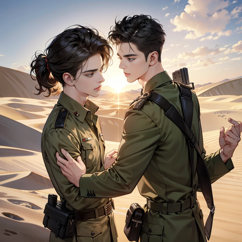 Masterpiece, high quality, best quality, 3D HD, realistic, perfect lighting, detailed body, Quiff hairstyle, 1 Man, military at war, desert background