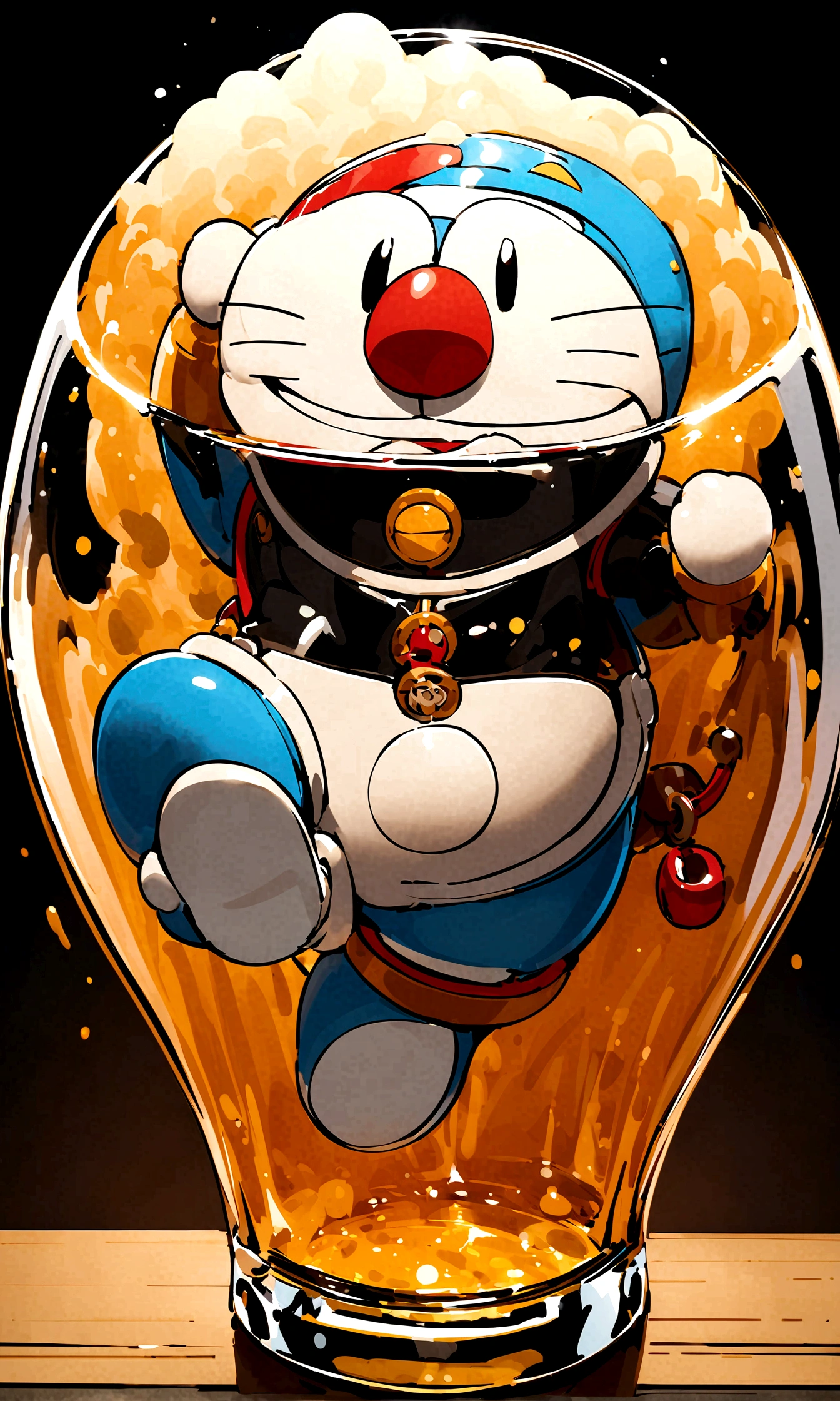 Doraemon,drink beer,Japanese anime style,Background of the future Japanese street,Wearing a futuristic space suit,Full beer glass,Japanese style,japonisme,realityDoraemon头像,reality