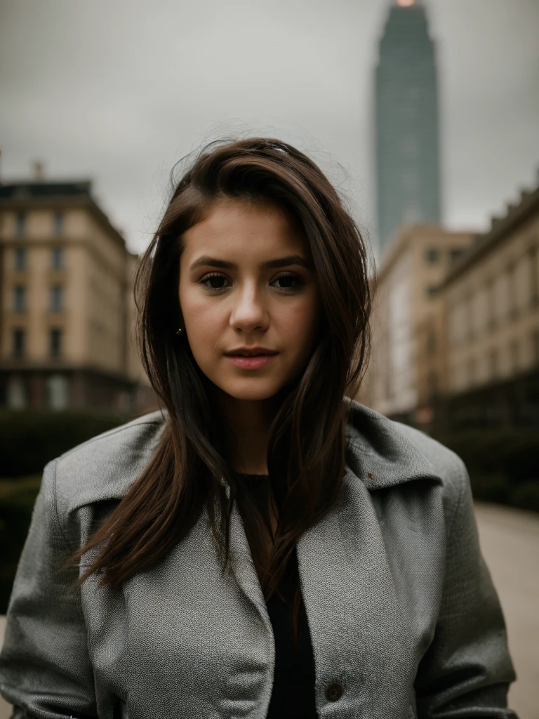 A beautiful n1n4d woman,1girl,solo,long hair,   She has long, brown hair and is wearing in a red jacket holds a Salvador Dalí mask in her hand.looking directly at the camera. The background is plain and gray.looking at viewer,brown hair,brown eyes,lips,realistic,soft lighting, professional Photography, Photorealistic, detailed, RAW, analog, sharp focus, 8k, HD, high quality, masterpiece