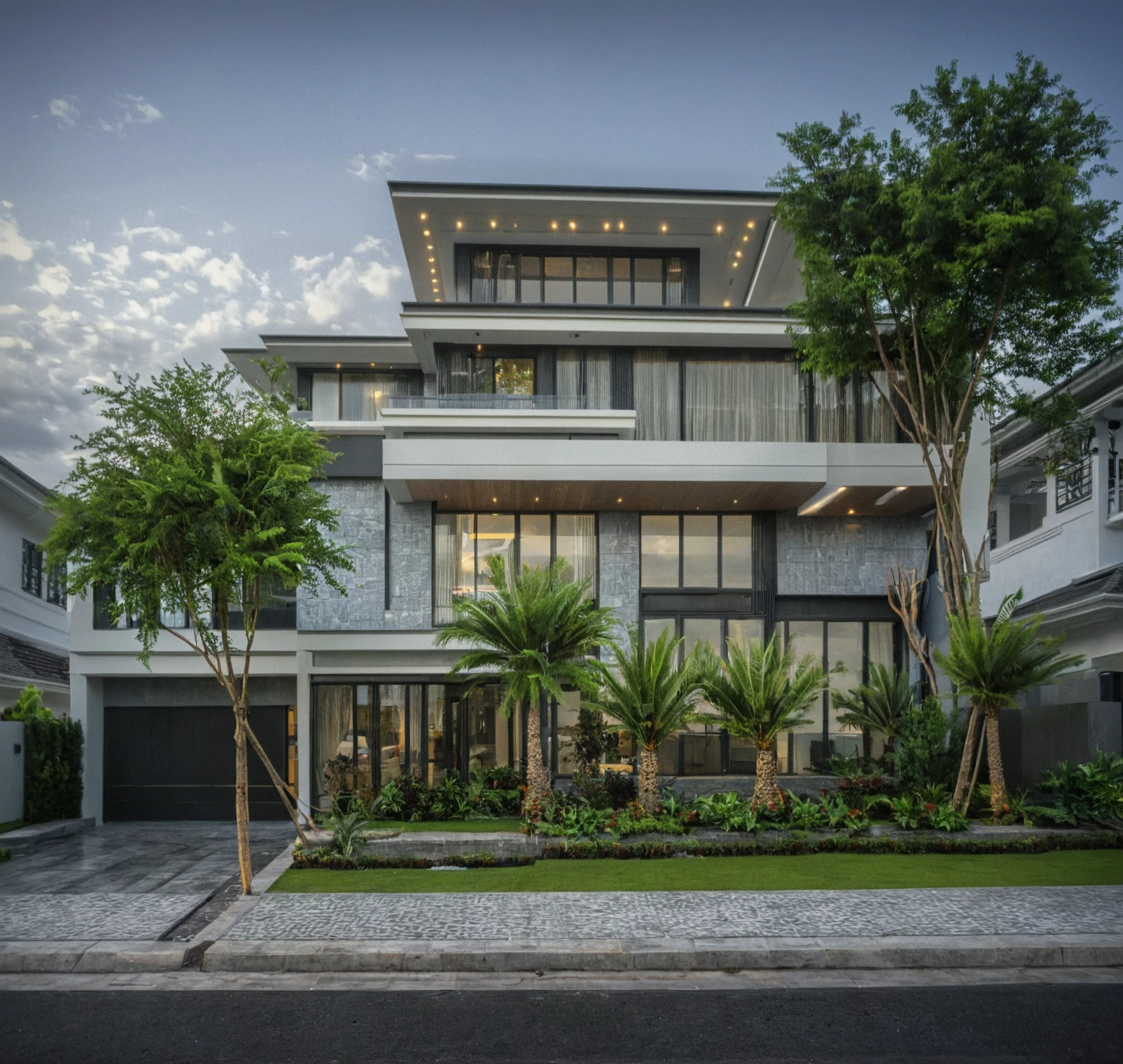 modern villa on street, (overcast lighting:1.2), tropical tree, vivid color, streetcapes, nice sky, grey and white tone, (large glass door:1.2), warm interior lighting, modern material, best quality, ultra realistic, masterpiece, 17ArchiAI_XL_VL-v1