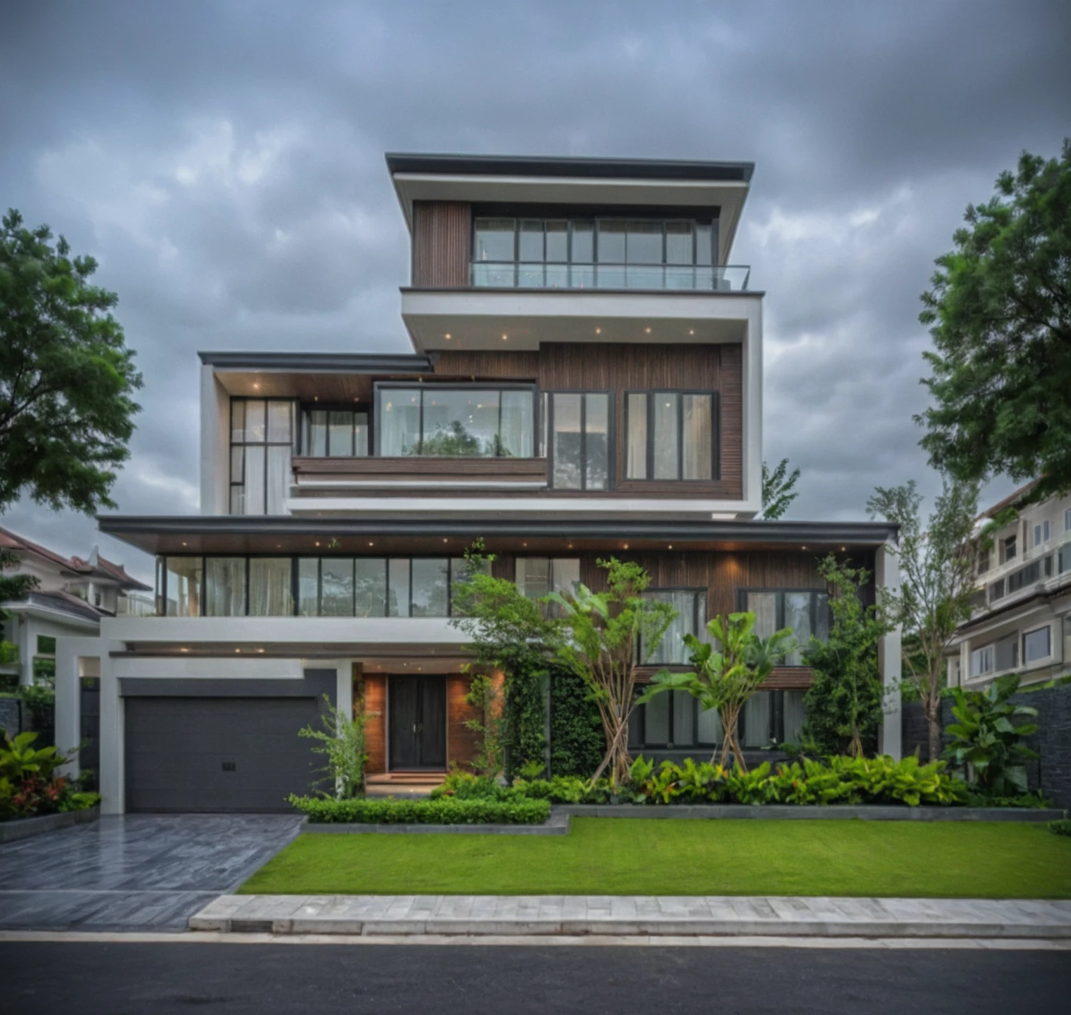 modern villa on street, (overcast lighting:1.2), tropical tree, vivid color, streetcapes, nice sky, grey and white tone, (large glass door:1.2), warm interior lighting, modern material, best quality, ultra realistic, masterpiece, 17ArchiAI_XL_VL-v1