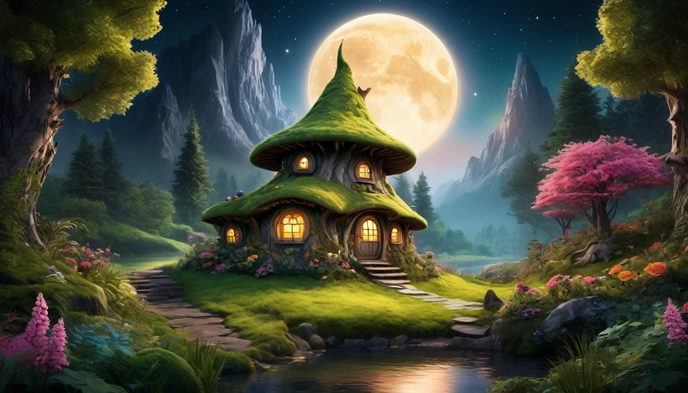 (Mysterious fantasy forest at night, Dense trees, A strange and cute little tree:1.5), A hobbit cabin, It is vividly depicted in the work (Best quality, 8K, Advanced resolution, Masterpiece: 1.2), With ultra-detailed detail, (1.4x realism, Photorealistic: 1.37). This fantasy forest is made up of dark, enchanting colors, bathed in the cool glow of the moon, creating a serene and mystical atmosphere. The house has been designed with great attention to detail, with a complex design and unique architecture, similar to a mushroom-shaped house. A small lake reflects the moonlight, adding an element of tranquility and magic to the scene. (This fantasy forest is surrounded by lush greenery and colorful flowers), Elevate a captivating and magical environment. The artwork showcases an illustrative style, inspired by children's book illustrations, ensuring a glamorous and nostalgic touch. The color palette consists of deep, vibrant hues, seven colors, evoking feelings of wonder and enchantment. Lighting accentuates the picturesque scene, soft and cool shadows are created that add depth and tranquility to the artwork. Every detail is impeccably presented, creating a visually stunning masterpiece, capturing the essence of the fantasy forest at night.