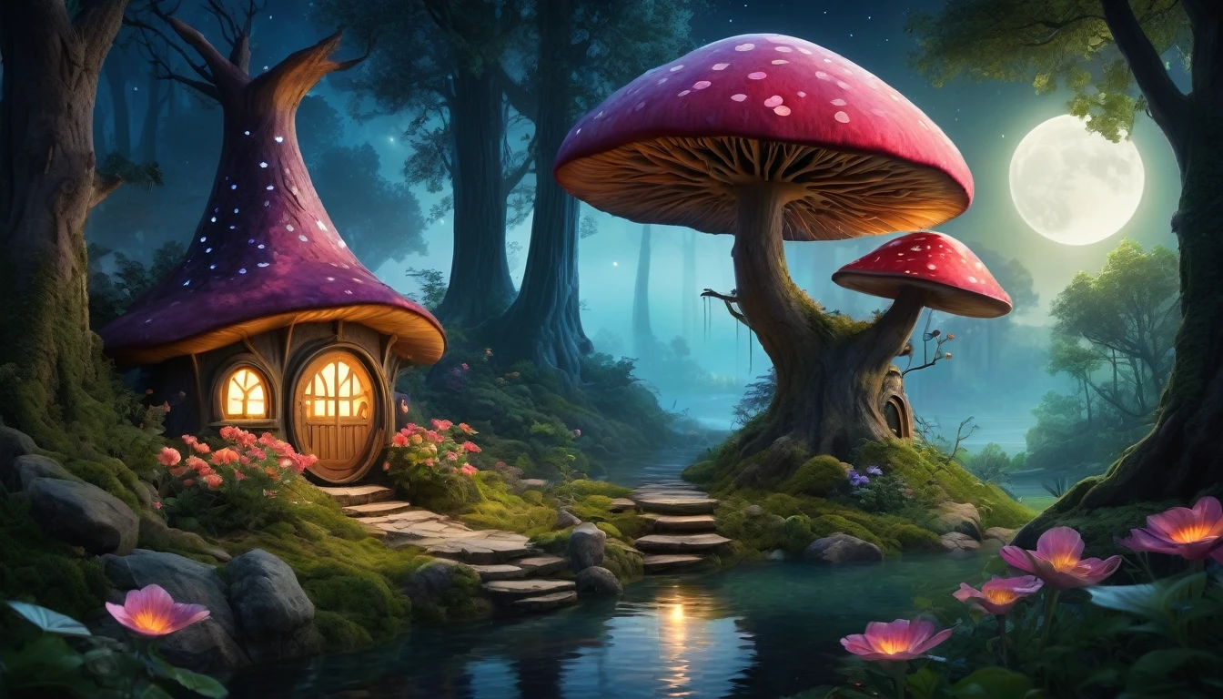 (Mysterious fantasy forest at night, Dense trees, A strange and cute little tree:1.5), A hobbit cabin, It is vividly depicted in the work (Best quality, 8K, Advanced resolution, Masterpiece: 1.2), With ultra-detailed detail, (1.4x realism, Photorealistic: 1.37). This fantasy forest is made up of dark, enchanting colors, bathed in the cool glow of the moon, creating a serene and mystical atmosphere. The house has been designed with great attention to detail, with a complex design and unique architecture, similar to a mushroom-shaped house. A small lake reflects the moonlight, adding an element of tranquility and magic to the scene. (This fantasy forest is surrounded by lush greenery and colorful flowers), Elevate a captivating and magical environment. The artwork showcases an illustrative style, inspired by children's book illustrations, ensuring a glamorous and nostalgic touch. The color palette consists of deep, vibrant hues, seven colors, evoking feelings of wonder and enchantment. Lighting accentuates the picturesque scene, soft and cool shadows are created that add depth and tranquility to the artwork. Every detail is impeccably presented, creating a visually stunning masterpiece, capturing the essence of the fantasy forest at night.