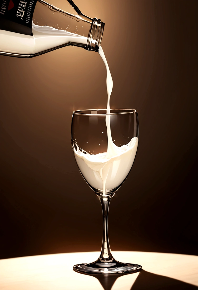 A stunning photorealistic image of milk being poured into a drinking glass. As the milk is being poured, it vaguely resembles the silhouette of the female form in the glass.