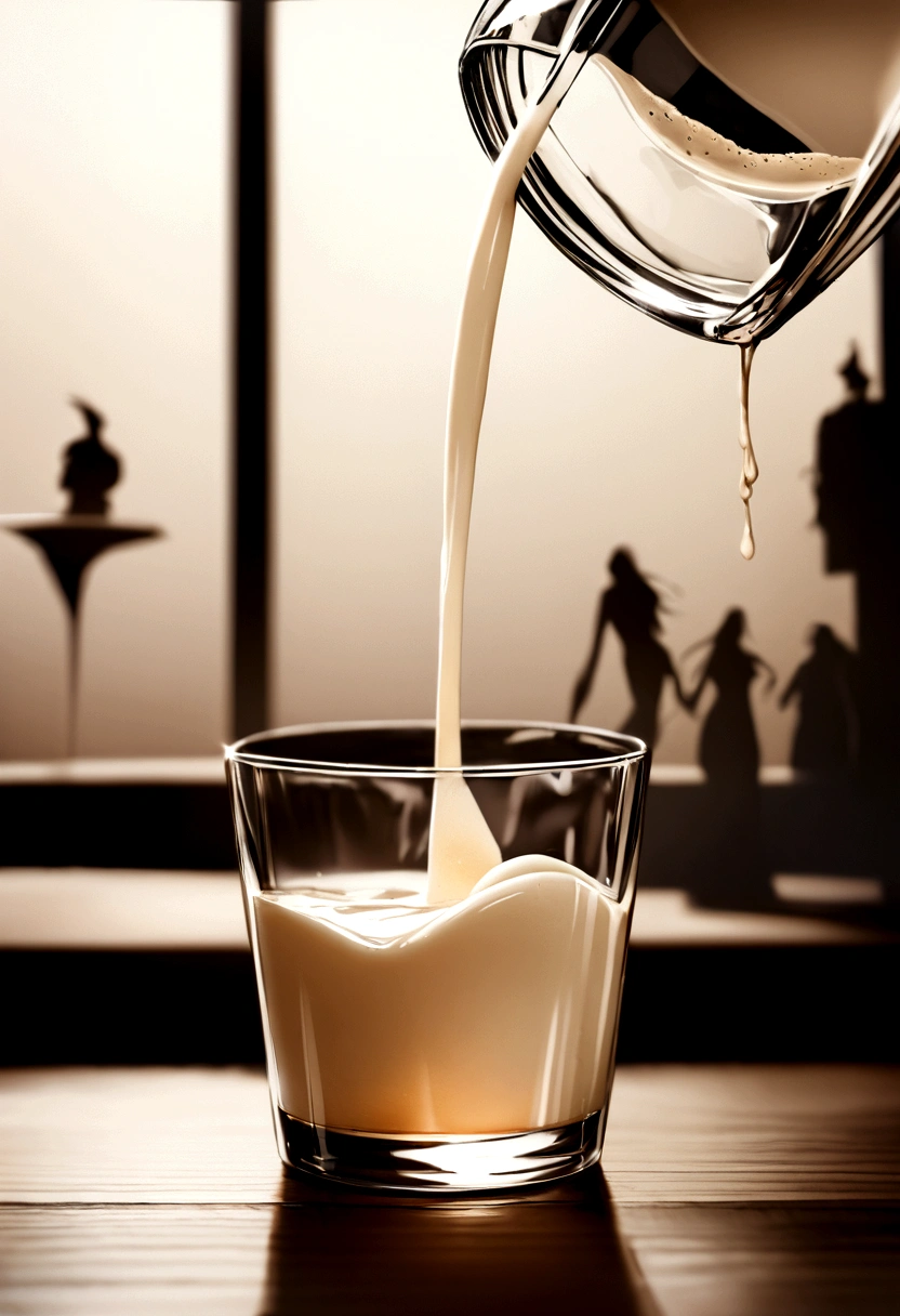 A stunning photorealistic image of milk being poured into a drinking glass. As the milk is being poured, it vaguely resembles the silhouette of the female form in the glass.