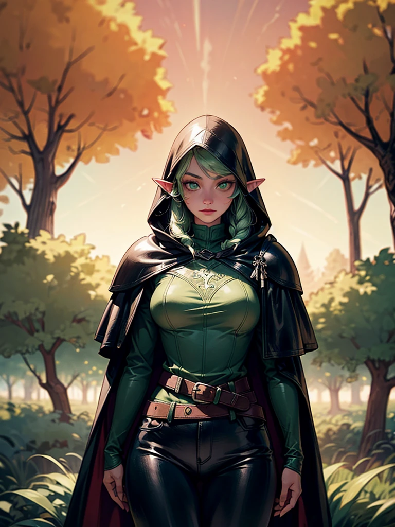 medieval setting, full view of body, (detailed elf ear, 1 woman, elven featured face, beautiful green eyes, black hair), (leather armor, black leather pants, leather hooded cape, braided leather, elven design), (oak forest, sunset background, giant oak tree), sultry look, seductive