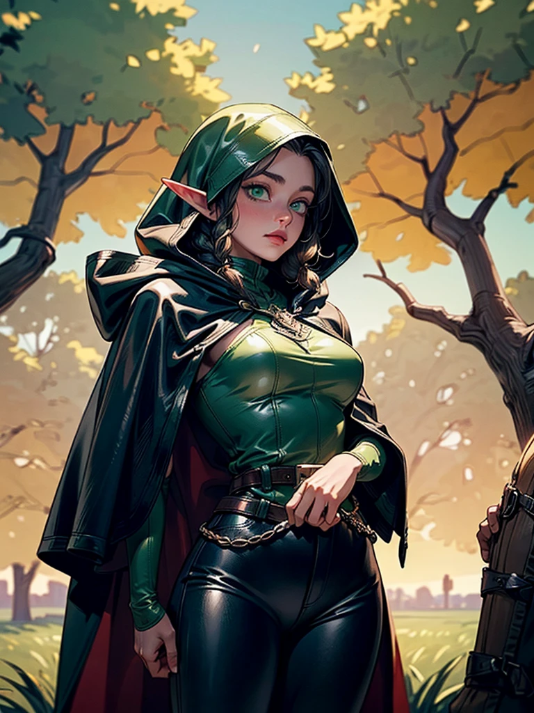 medieval setting, full view of body, (detailed elf ear, 1 woman, elven featured face, beautiful green eyes, black hair), (leather armor, black leather pants, leather hooded cape, braided leather, elven design), (oak forest, sunset background, giant oak tree), sultry look, seductive