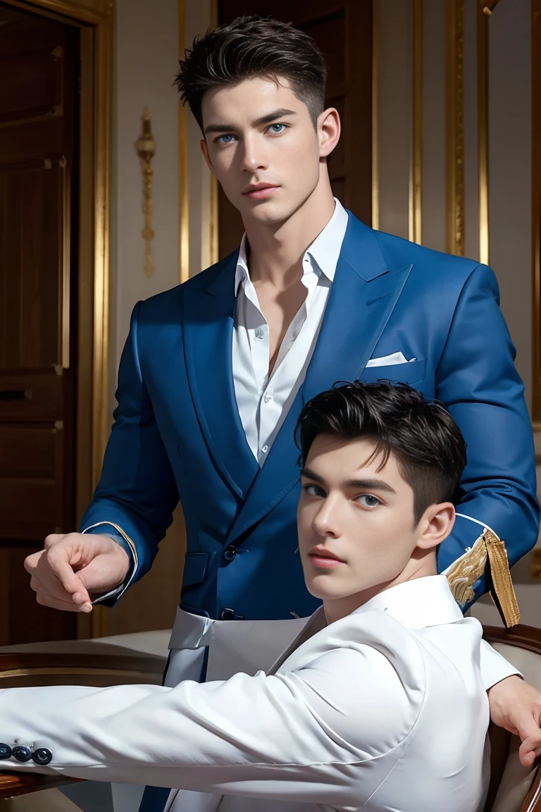 Ultra wide angle，((masterpiece)),((best quality)),8K,High Detail,Very detailed, 2 handsome muscular boys，Very masculine，blue eyes，Stylish short hair，Fairy appearance, Fashion pose, Real skin texture, Perfect and realistic hand details，light,
Royal blue style couple，Photos of white male models