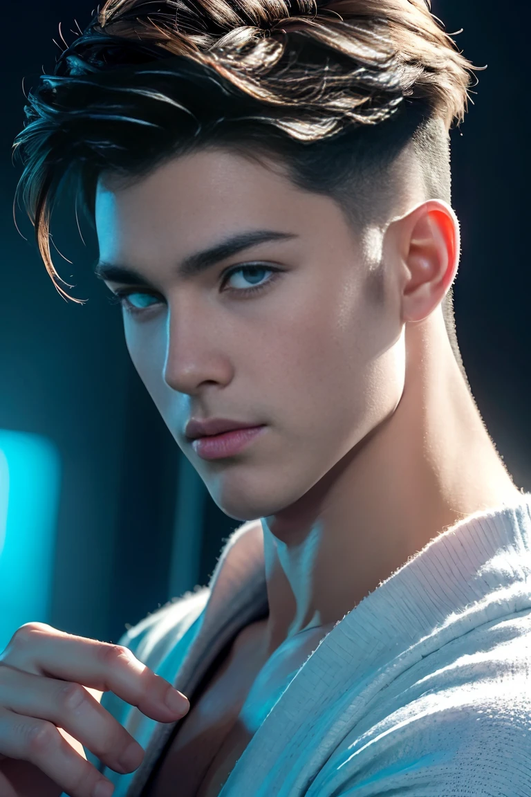 Ultra wide angle,((masterpiece)),((best quality)),8K,High Detail,Very detailed, (2 handsome muscular boys),Very manly,blue eyes,Stylish short hair,Vivid male image, Fashion pose, masculine expression,Real skin texture, Perfect hand details,Light,
Royal blue style couple,White male model photos