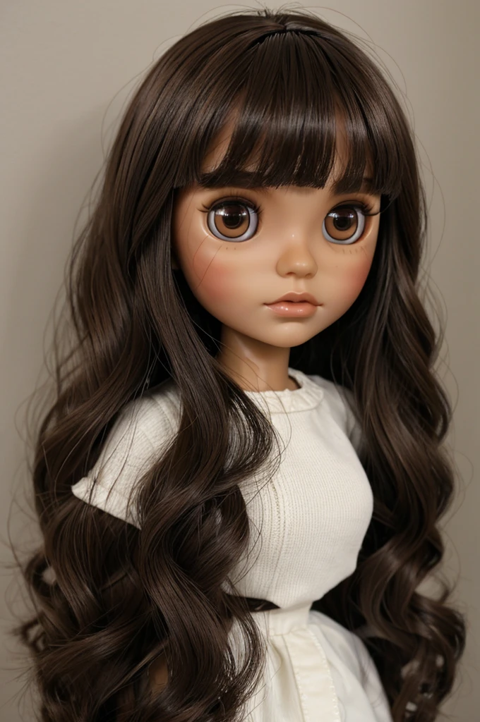 Blythe doll dark brown hair with bangs, brown eyes, dark skin