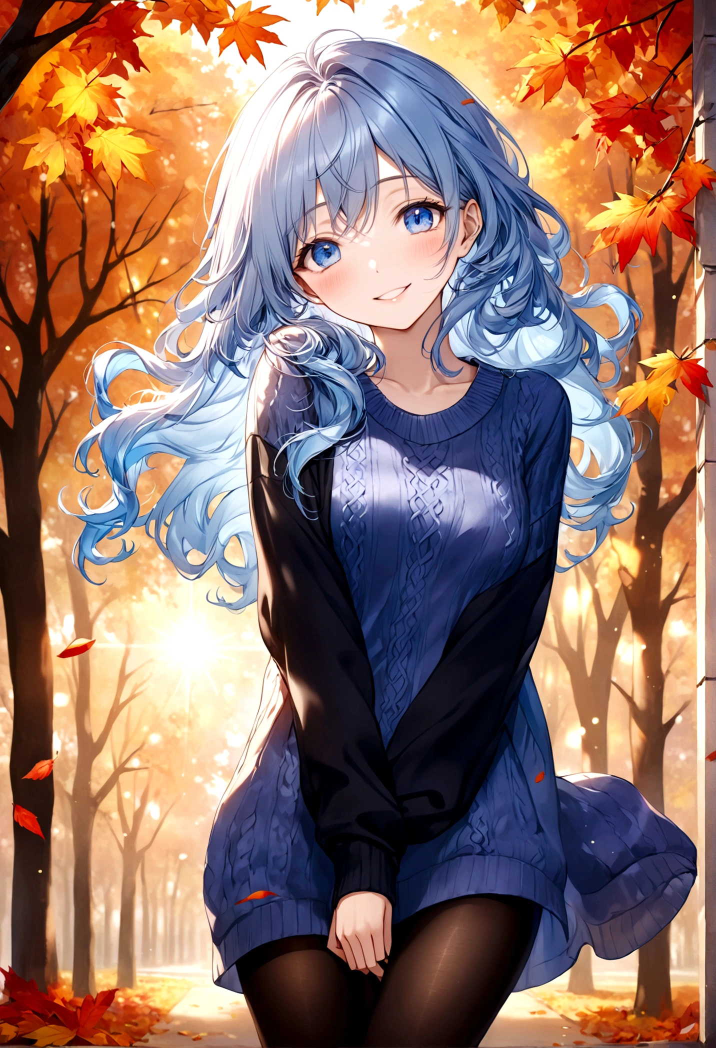 ((top-quality)), ((​masterpiece)), ((ultra-detailliert)), (extremely delicate and beautiful), beautiful woman, bright light blue hair, long wavy hair, sapphire blue eyes, cozy sweater dress, sheer black pantyhose, sweet smile, relaxed expression, fair complexion, autumn background