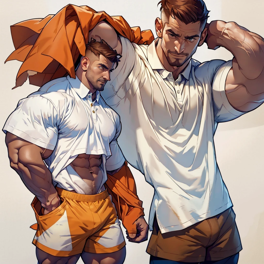 masterpiece,top-quality,((character sheets,Same character,gauges,Lateral face,soles)),environment change scene,Pose too,Hairstyle Fax,Pose ,(simple background、white backgrounid:1.3),illustratio,1 male human,Stephen AMELL,daddy hunk , handsome,thin man yet muscular Man,six pack stomack,normal Face ,Stubble,Lots of body hair,Brown hair,,Hair is thick,White polo shirt,Crisp orange boxer shorts, bulge,multi view,