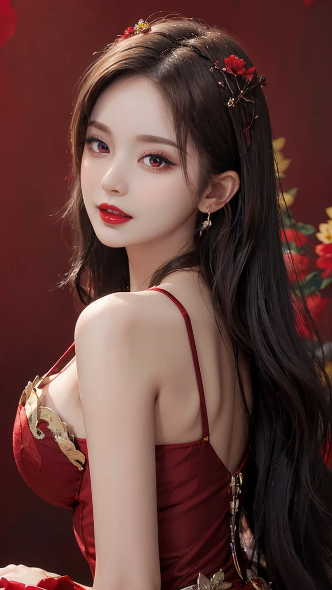 "1 beautiful girl in national costume, Wearing a bright red traditional Chinese ao dai, Ao dai with red as the main color, Black chest border and gold border, long hair and white bangs,, The most detailed and beautiful hair jewelry, Super cute little face, Very pretty face, Sparse eyebrows, The most perfect beautiful face, ((Black pupil:0.8)), Very beautiful eyes, ((Eyes red:1.4)), Beautiful and detailed eyelashes and very magical makeup, High Nose, earrings, thin lips, Red lips, No smiling, Beautiful lips, Rosy face, Clean face, Perfect beautiful face , smooth white skin, (Big breasts: 0.9)), Brams' chest, ((large, ultra-round breasts): 0.9)), ((Super tight breasts: 1.2)), ((breast augmentation surgery: 0.8)), Beautiful breasts, Sitting on the floor, Sitting with legs wide open, Thighs are wide and not shy, hands behind back, Chest forward, lean back slightly, Beautiful girl's upper body, 8k photo, ultra-quality, Hyper realistic, 10x Super Pixels, photographrealistic, bright studio, Bright edges, Two-tone bright colors, (high detailing) skin: 1.2), 8k ultra, Soft light, High quality , Volumetric lighting, Realistic, Photos, High resolution, light, Best Photo, 4K, The 8k quality, Blur effect, Smooth and sharp, 10x pixel, Aurora, Lightning, Super Graphics , The most realistic graphics,(Red flower background: 1.7), Alone, Solo, Portraits 9:16, Very sharp, Surreal images."