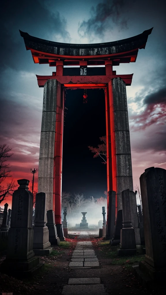 A creepy horror video of a broken vermilion torii gate, countless broken gravestones, and a dark, smelly atmosphere.
