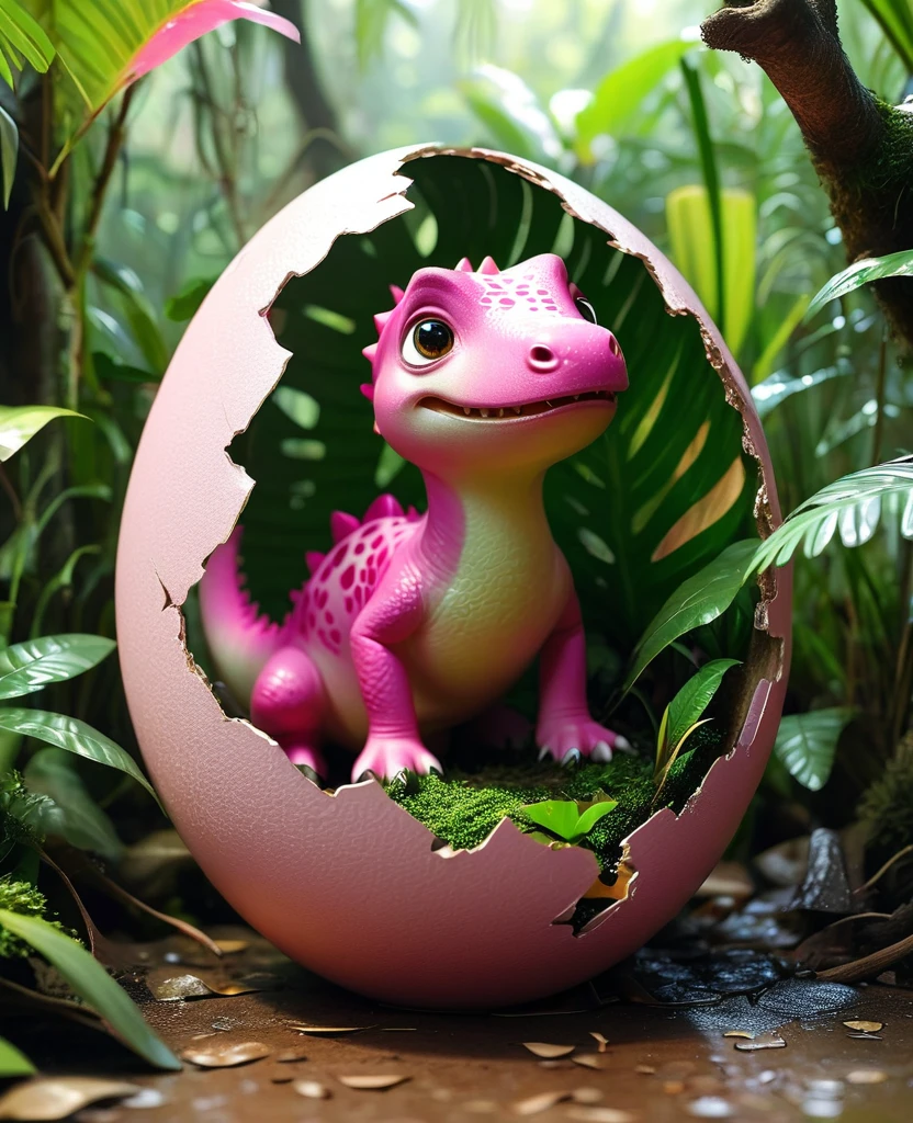Interesting illustrations：Pink little dinosaur in a broken eggshell，Cute expression，Rainforest，dreamlike，Aesthetic