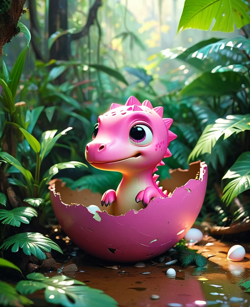 Interesting illustrations：Pink little dinosaur in a broken eggshell，Cute expression，Rainforest，dreamlike，Aesthetic