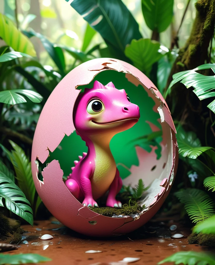 Interesting illustrations：Pink little dinosaur in a broken eggshell，Cute expression，Rainforest，dreamlike，Aesthetic