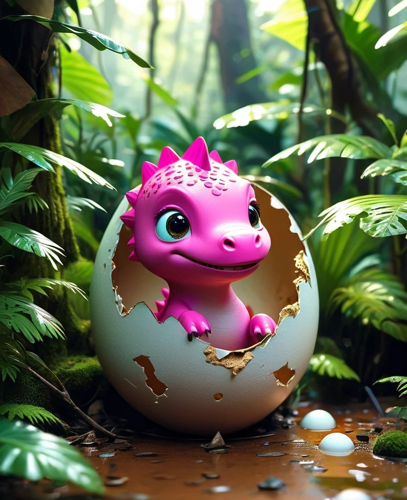 Interesting illustrations：Pink little dinosaur in a broken eggshell，Cute expression，Rainforest，dreamlike，Aesthetic