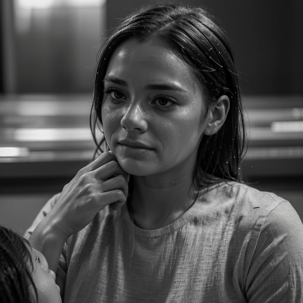 A grayscale, blurry image of a man crying (his face not visible) on the lap of a woman who is gently stroking his head and looking at him with tenderness. The scene should appear as if seen through wet lenses.