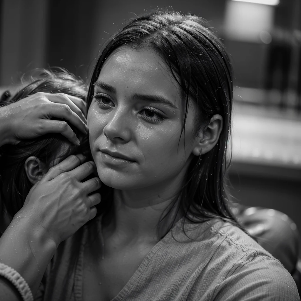 A grayscale, blurry image of a man crying (his face not visible) on the lap of a woman who is gently stroking his head and looking at him with tenderness. The scene should appear as if seen through wet lenses.