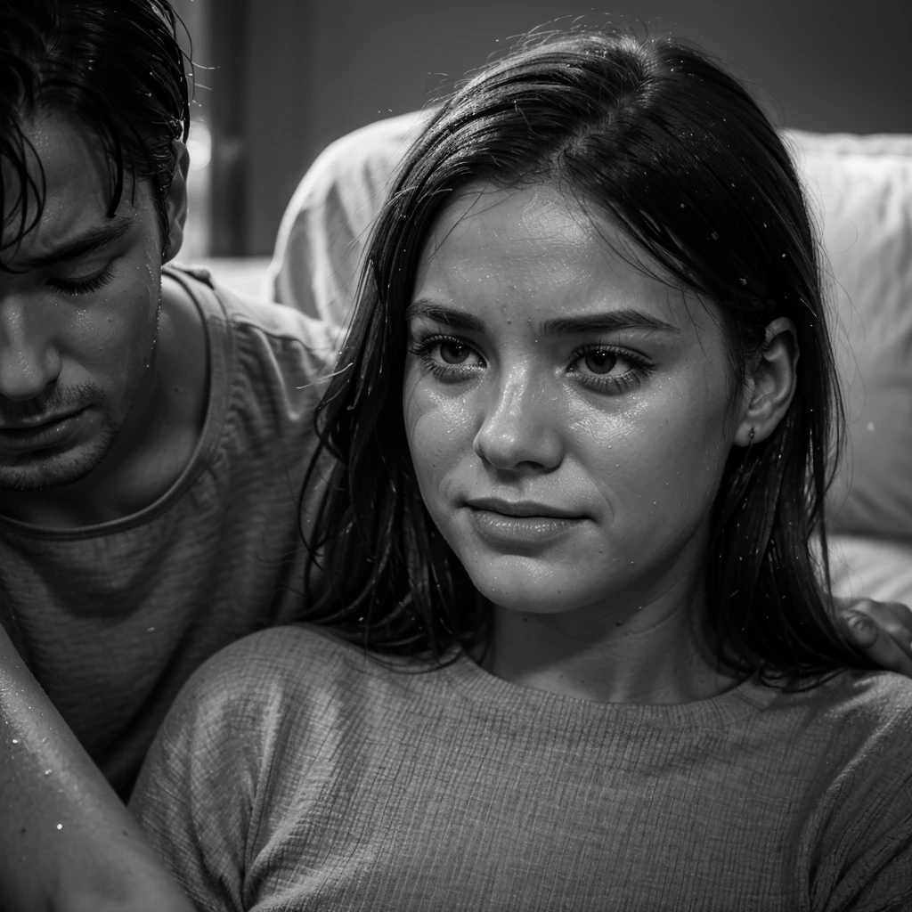 A grayscale, blurry image of a man crying (his face not visible) on the lap of a woman who is gently stroking his head and looking at him with tenderness. The scene should appear as if seen through wet lenses.