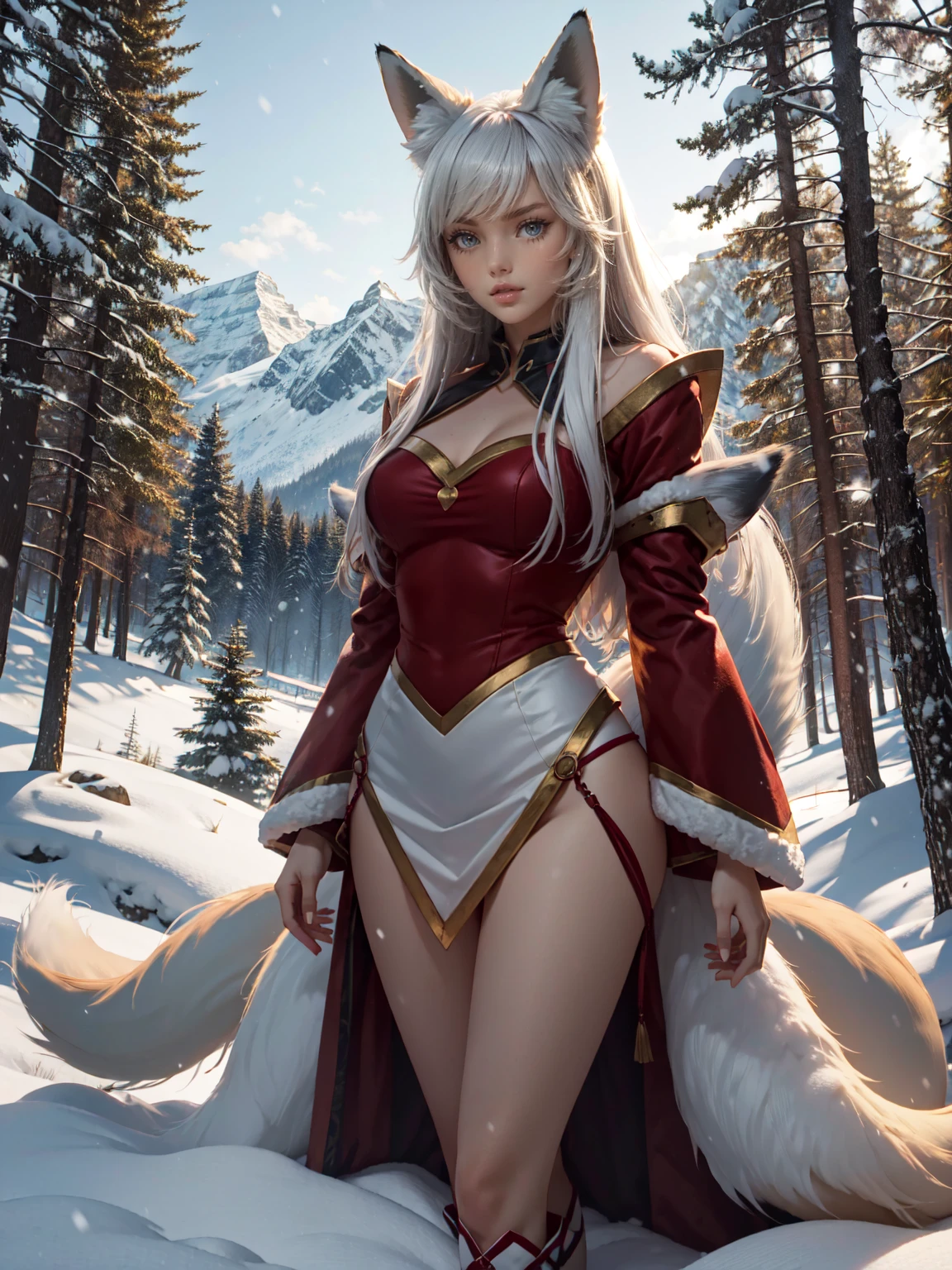 {extremely delicate and beautiful girl}, 8K Wallpaper, {{{masutepiece}}},Red Eyes,White hair,Long hair,(Fox Girl:1.4) , forest,trees, montain,snow,