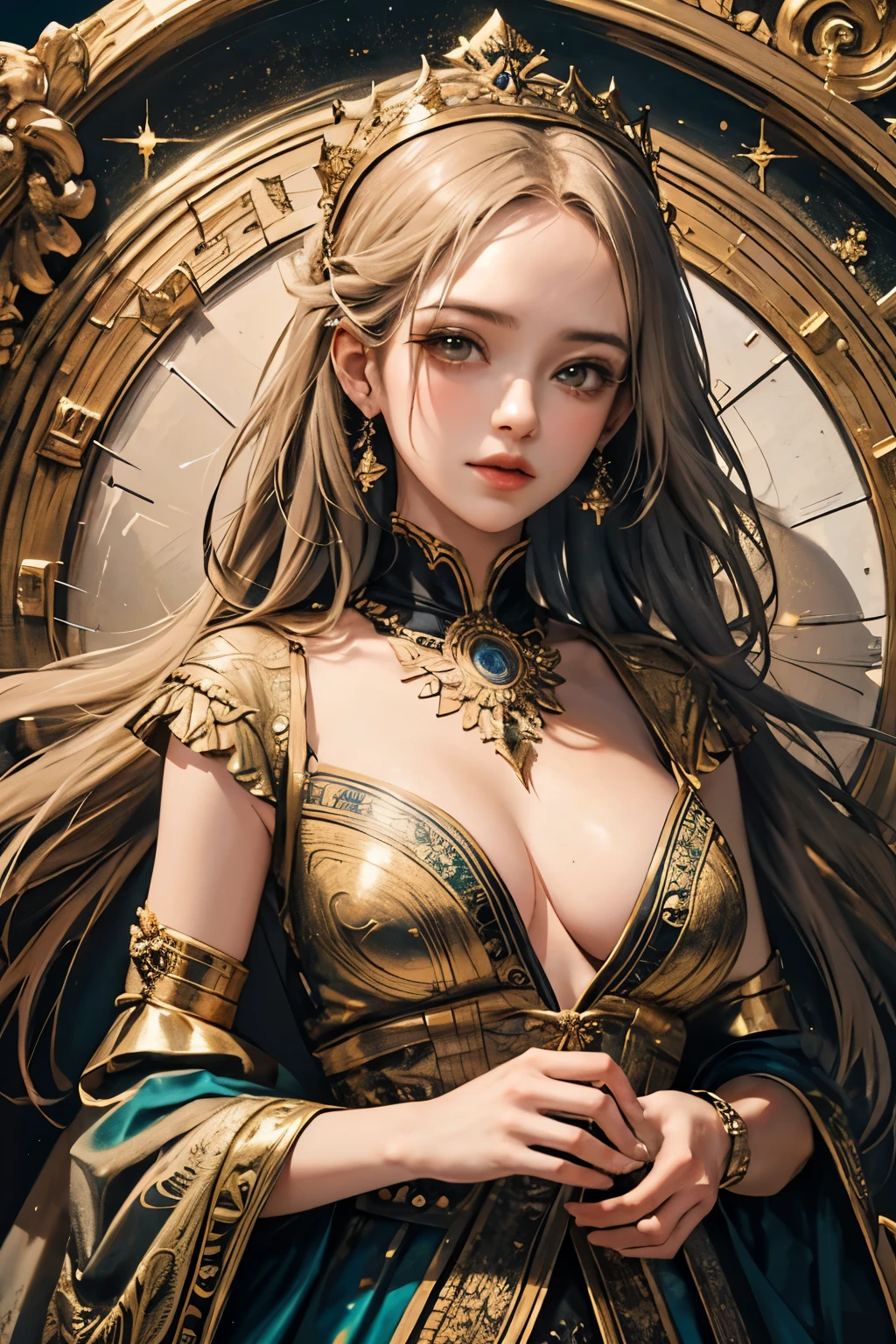 (masterpiece, top quality, best quality, official art, beautiful and aesthetic:1.2), (1girl), extreme detailed,colorful,highest detailed, official art, unity 8k wallpaper, ultra detailed, beautiful and aesthetic, beautiful, masterpiece, best quality, (zentangle, mandala, tangle, entangle) ,holy light,gold foil,gold leaf art,glitter drawing, PerfectNwsjMajic