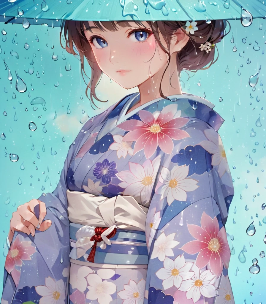 anime girl in blue kimono with flowers and raindrops, in kimono, in a kimono, Inspired by Shinsui Ito, Written by Nobuzada Yanagawa, by Rei Kamoi, by Kusumi Morikage, Written by Eizan Kikukawa, Inspired by Shoen Uemura, Inspired by Miho Hirano, wearing kimono, kimono